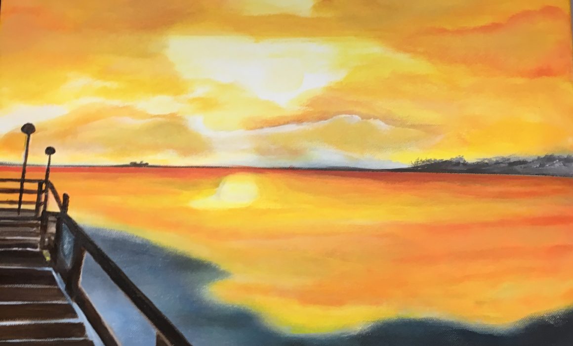 Acryl auf Leinwand 50 x 50 cm Sonnenuntergang Seebrücke Pelzerhaken