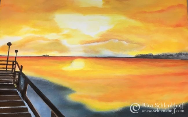 Acryl auf Leinwand 50 x 50 cm Sonnenuntergang Seebrücke Pelzerhaken